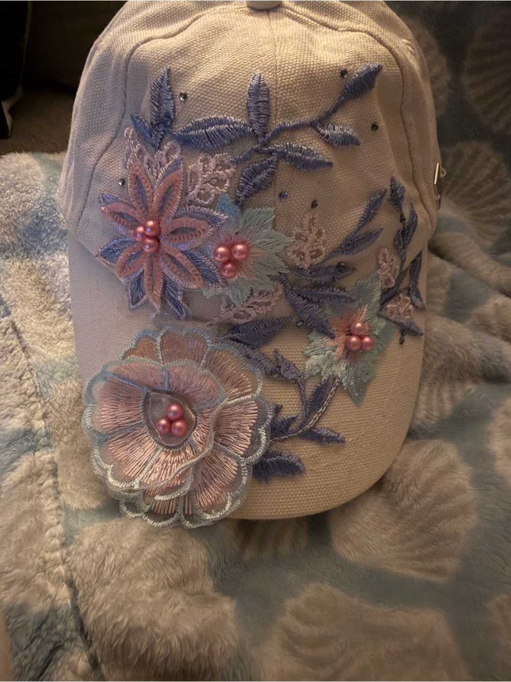 Embroidered Floral Beige Baseball Cap with Pink Accents